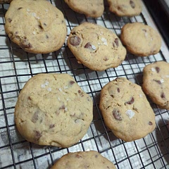 Added some almond extract and used semi sweet chips. 
Added the flaky salt a little too late for it to stick. 

They definitely didn't turn out like the photo examples but they taste good! 