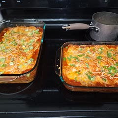 Double recipe, 1st pan add black olives, 2nd pan no corn or jalepeno sauce. Requires about 4 cups of enchilada sauce. 