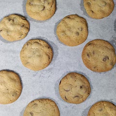 Baked 9.5 minutes. On the chocolate chips I did a cup each of semisweet and milk. They were very soft, and everyone loved them.