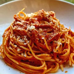 Skipped the onion and chili since it is not an ingredient in an authentic Amatriciana pasta dish.  Used spaghetti instead of bucatini. Easy to make, good eats. 