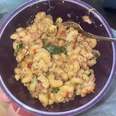 Delicious pasta dish to mix up your routine. We loved it and will make it again. If you use a whole box of macaroni, you will probably need to double your milk and chicken broth. We just added them as we saw fit, and it worked out!