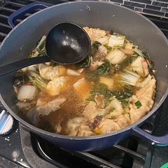 Used chicken stock mixed with vegetable broth. Used regular bok choy. Amped up the soy sauce and used whatever dumplings I had on hand.