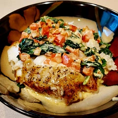 SO good.  We added some shallots, and about 2 ounces of chicken broth into the spinach/red pepper/cream mix.  We used cod; using that tiny bit of butter to sear it?  Wow...adds SO much flavor, yet the dish was light and refreshing!!