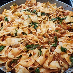 Very good! Used a whole pound of pasta, substituted wine for chicken bone broth and added a little extra water and a bag of spinach. Made enough for two nights of dinner for 4 people.