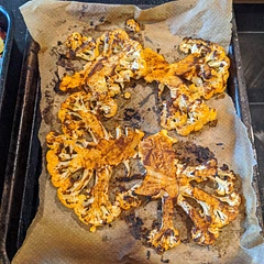The recipe makes the cauliflower quite salty - so make sure you add to taste. I only brushed one side. 
10 min total in the oven
Then 5 mins one side in grill, then 5 mins other side. 
I reckon it would have been fine in the grill for 10 mins total