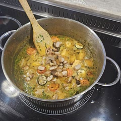 I added some cream and Greek yogurt to the mix  for creaminess. I also added some fresh chives and fresh coriander to give more colour and soem extra flavour.