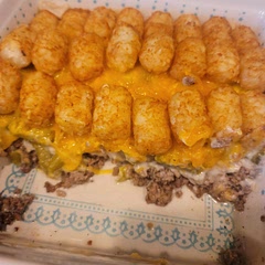 Very good. I would eat this again and again. I used a 9x9 pan instead of the 9x13 and it worked fine. Just used less tater tots