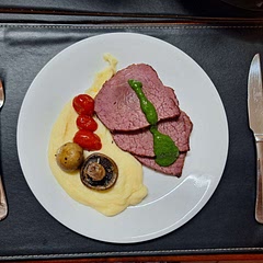 tasty,  delicate cheese flavour as I used an aged cheddar cheese.  served with corned beef and roasted veggies with a fresh parsley oil.