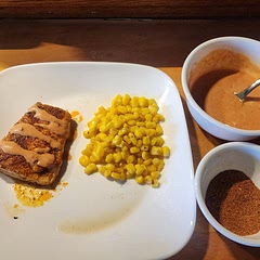 I split the paprika between smoked and Hot Hungarian paprika for just a bit more of a kick. The sauce helps mellow out the spiciness. For the side I made corn with mayo, honey and plenty of Cajun spice.