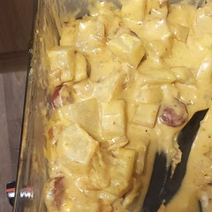 The Velveeta got way to thick while it cooled I would add more fat or some of the water from par boiling the potatoes or use less Velveeta. Overall tho we loved it!!
