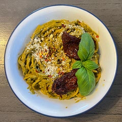 I only have a Ninja smoothie blender, so I needed at least 1 cup of pasta water to blend the sauce. I subbed cashews for the Brazil nuts. I liked it! It was hearty, & a great way to eat greens. & I used protein spaghetti :)