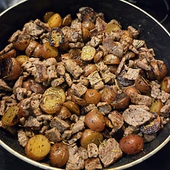 I cooked the potatoes for more like 12 minutes because potatoes are simply not fork soft in 6 minutes. I added salt and pepper to the steak and didn't cook it to be charred like in the photo because I like my steak cooked to medium/medium-rare. 