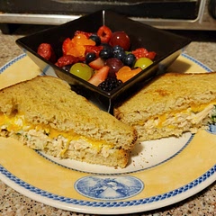 I use green onions, and I added sharp cheddar this time for a tuna melt like I ate in my youth. 