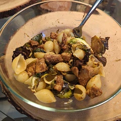 Added pasta in lieu of rice. Also used a couple tablespoons of balsamic vinegar on the brussel sprouts. 