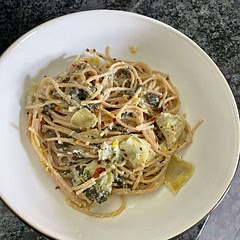 Traded the frozen spinach for fresh, the lemon pasta for regular because I couldn't find lemon, added some lemon juice, and sprinkled lemon zest and crushed peppers on top. Loved it!!!!