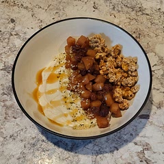 YUM! Made the topping the day before and doubled it but still only 1/4 c water. Did not peel the apple. Used brown Monkfruit sweetener instead of sugar and extra raisins. Cooked for 40+ min until soft. Served on top of 1/2 cup vanilla greek yogurt instead of plain, added cinnamon granola instead of nuts, hemp hearts and zero calorie carmel.