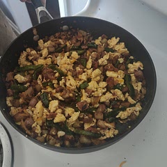 Good base, added Italian seasoning, smoked paprika, peppercorn medley, and used the bacon grease to cook it. Scrambled eggs separate and added in the end with the cheese. Used pablano since I didn't have the one in the recipe.
