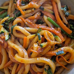 Added an extra Tbsp soy sauce and replaced rice vinegar with 2 Tbsp cooking wine. Used frozen udon. Used shallot instead of spring onion. Used 2 carrots, 2 zucchinis and 1 bunch broccolini as veg. 

Sauce enough to make 3 x 230g frozen udon. 

Mince meat would be a nice addition or crumbled firm tofu.