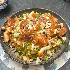 So good! I added an extra tbsp of sweet chili to the dressing. Pan fried the marinaded chicken (soy sauce and garlic) and chopped it rather than shredded.