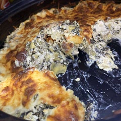 I didn’t add in onion, just something I’ve never done with a spinach & artichoke dip. I literally just needed a refresher on how long to bake & at what temp. It was delicious! I did use a round baking dish & this was all that was left!
