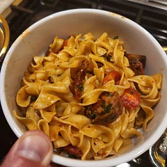 This was good. I used egg noodles instead and also added sausage. I found it odd that you had to roast tomatoes and then included sundried tomatoes. I threw in oregano and parsley as my herbs. Would make again. 