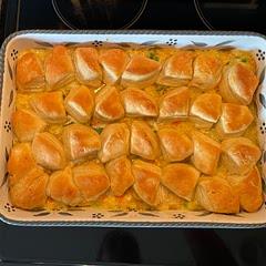I would cook biscuits separately. Left in 15 minutes longer, but the bottom of biscuits don’t cook all of the way through.