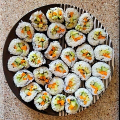 Added cucumber with the carrot & avocado. Since we used "seasoned" rice vinegar with added sugar, we skipped the maple syrup. Next time, I'd like to try with the maple syrup & regular rice vinegar. We dunk in coconut aminos because I can't eat soy. 
