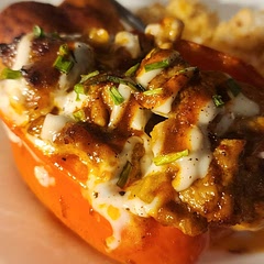 Used pre made Buffalo sauce
 ( but you can make your own by mixing melted butter and hot sauce ) then seasoned the rice before adding to the peppers with garlic pepper, blackened seasoning and Buffalo sauce mix. Turned out nice 🤙🏽