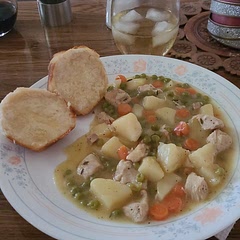 I cooked the whole meal in my crock pot.   Skipped the slow cooker.  Added diced potatoes and served the biscuits on the side. Total cook time was 1.5 hours.  Very good recipe!