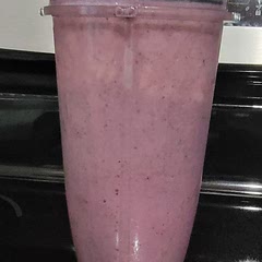 Use more mixed berries for a more purple color. I used  Silk vanilla soy milk, maybe 6 ounces worth, and it was still kind of thick. Still good though.