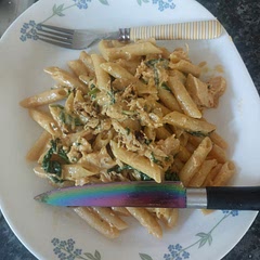 My spin, I had no tomatoes or the cheese so it became more if a chicken, spinach and paprika Alfredo (I used cheddar cheese), yummy though!