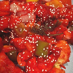 Great recipe. I would add more sugar and vinegar to make it both sweeter and tarty. Try not to leave it in oil too long when adding in veggies. Make it quick in and out. That way it will be less oily. But otherwise very tasty.