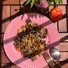 Apfel erst sehr spät dazu geben, damit er noch bissfest bleibt
1EL Apfelessig oder Verjus dazu geben für Säure im Gericht
Joghurt ist gute Soßenbegleitung