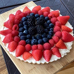 The recipe suggested rhubarb topping however I had lots of berries so I used them.  It was delicious, but I may well increase the ginger next time as it was a little too subtle for our taste. Very simple dessert.