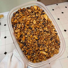 Made a ton!! added brown sugar, cinnamon, vanilla, and chocolate chips at the end. 

3 1/4 cups oats
1 1/3 cups nuts