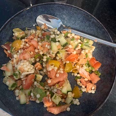 I premade the couscous and my husband smoked steelhead trout in the smoker
