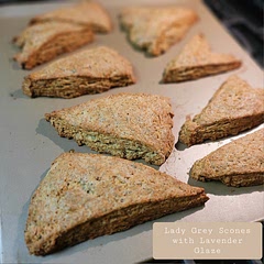 A bit dry. The scones are brushed with cream before baking. Chinese recipe with my favorite scone recipe and then the earl gray or Lady Gray tea. I also made a lavender glaze to put on the scones.