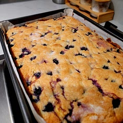 Used frozen blueberries, 9x13 pan, doubled the recipe and baked for around 1 hour. Turned out great!! 