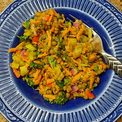 Oh.My.Goodness.  This lentil salad is delicious!!! And easier than anticipated with the prep steps!  I decided to have this for a no cooking supper last night after all.  Too hot & tired.  So this came to the rescue!👌👍💚