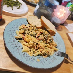 I added some de tailed shrimp and also tripled my heavy cream and grated parm. Added extra garlic and onion powered. Topped on penne noodles and garnished with fresh parsley!!!