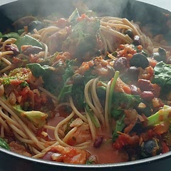 Add the capers and olives before the tomatoes. Deglaze the pan with red vinegar. You can also add some additional ingredients such as baby spinach or red or white beans. A very decent and fact savory and healthy dish that makes leftovers.