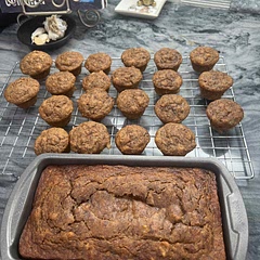 Instead of 3 cups whole wheat flour, I used 1 cup whole wheat flour, 1 cup GF flour, 1 cup almond flour, 1/2 cup flaxseed meal.  

Also used 3.5 bananas (would’ve been 4 but my son ate some