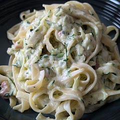 Really easy and fantastic with a lot of fresh black pepper. Didn't feel the need to wring out the courgette as the moisture that didn't quite cook out helped in the end with the sauce. 
