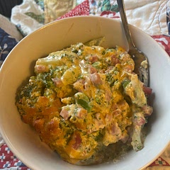I made the whole portion, and it only filled a 9x9. I used two bags of frozen broccoli. Could use more seasoning. Buts it’s good and easy