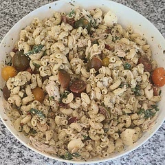 I used cream cheese.  This is going to be a summer go-to dish.  I used store bought shredded chicken, and that made it very easy to assemble. 