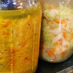Used 30g pickling salt for 2.5# of cabbage, a very large carrot, and 1 small sweet onion (est 3# total). Haven't tasted yet. Half got added: 1T turmeric, 1t ginger grated, 1 huge garlic clove minced. 