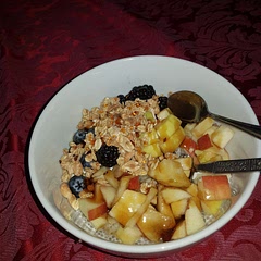 I added some fruit, yogurt, and granola on top. If you want a thicker texture add another spoon of chia seeds and to sweeten it I recommend some honey
