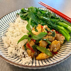 Very flavourful. Scaled the recipe down to 2 servings and served with rice and steamed Chinese broccoli. Substituted a milder chili. Good recipe for using an abundance of Thai basil.