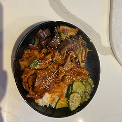 Served with Oi Muchim (Spicy Cucumber Salad) Gaji Bokkeum (Stir fried Eggplant
Side Dish) Jeyuk Bokkeum (or Spicy Pork Bulgogi) and sushi rice and kimchi- amazing