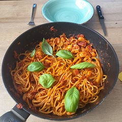 A bit on the spicy side! Would advise to leave out pepper flakes if you have low spice tolerance. 